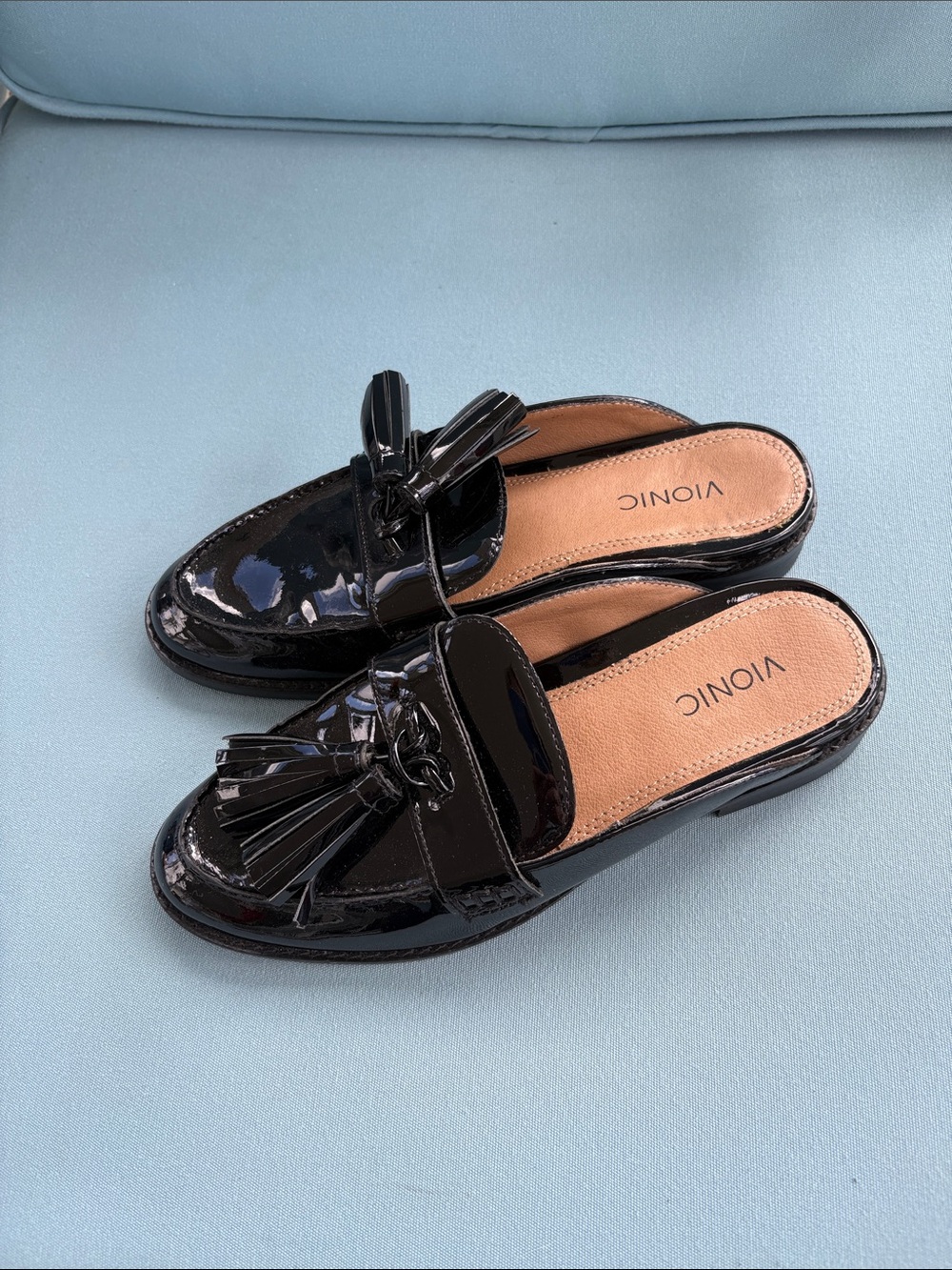 Vionic Black Patent Tassel Mule Slides